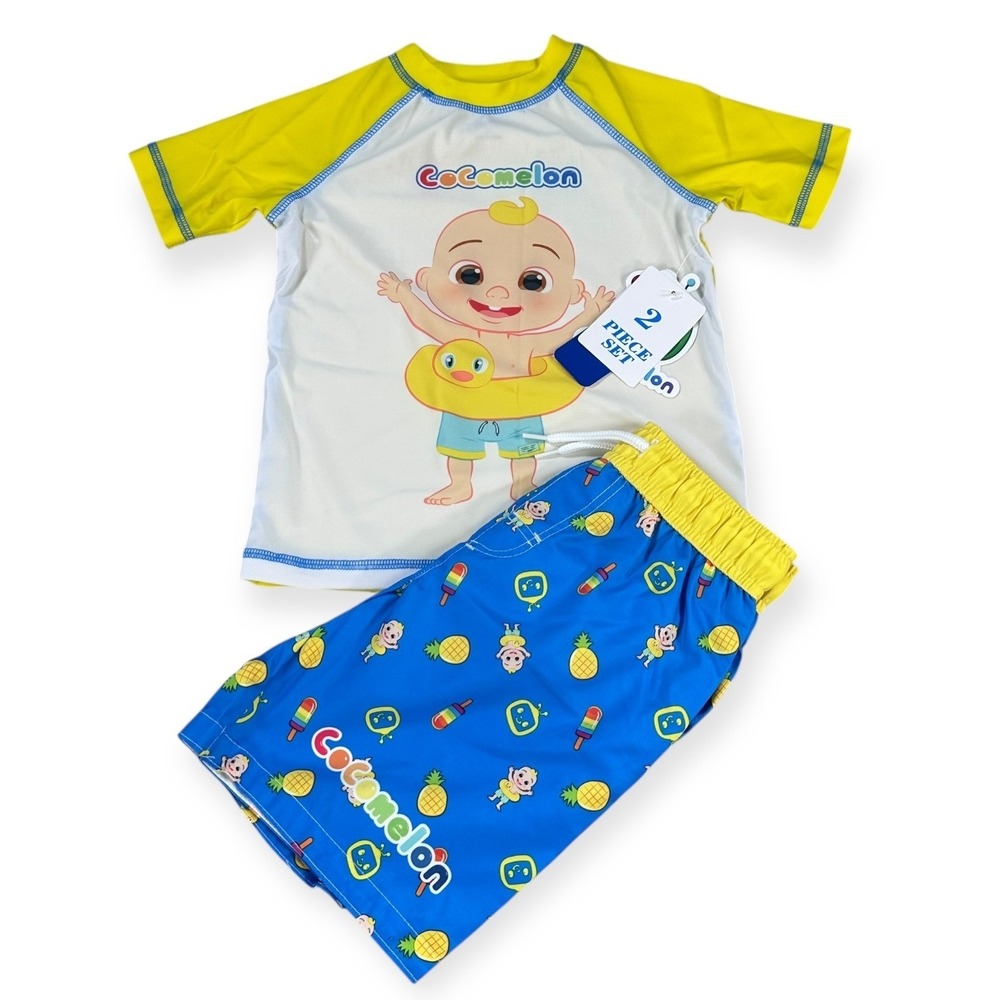 CoComelon 4T 2 Piece Swimsuit Rash Guard Board Shorts Boys Girls Yellow Blue